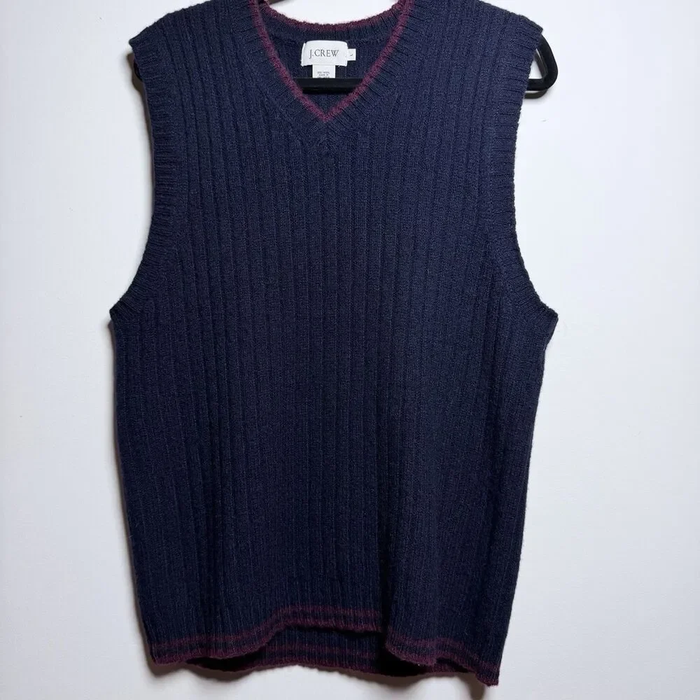 J.Crew 100 Wool Ribbed V-Neck Sweater Vest L Large Navy Burgundy Stripe Trim Y2K